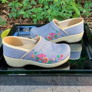Dansko Vegan Floral Stitch Denim Stapled Clogs